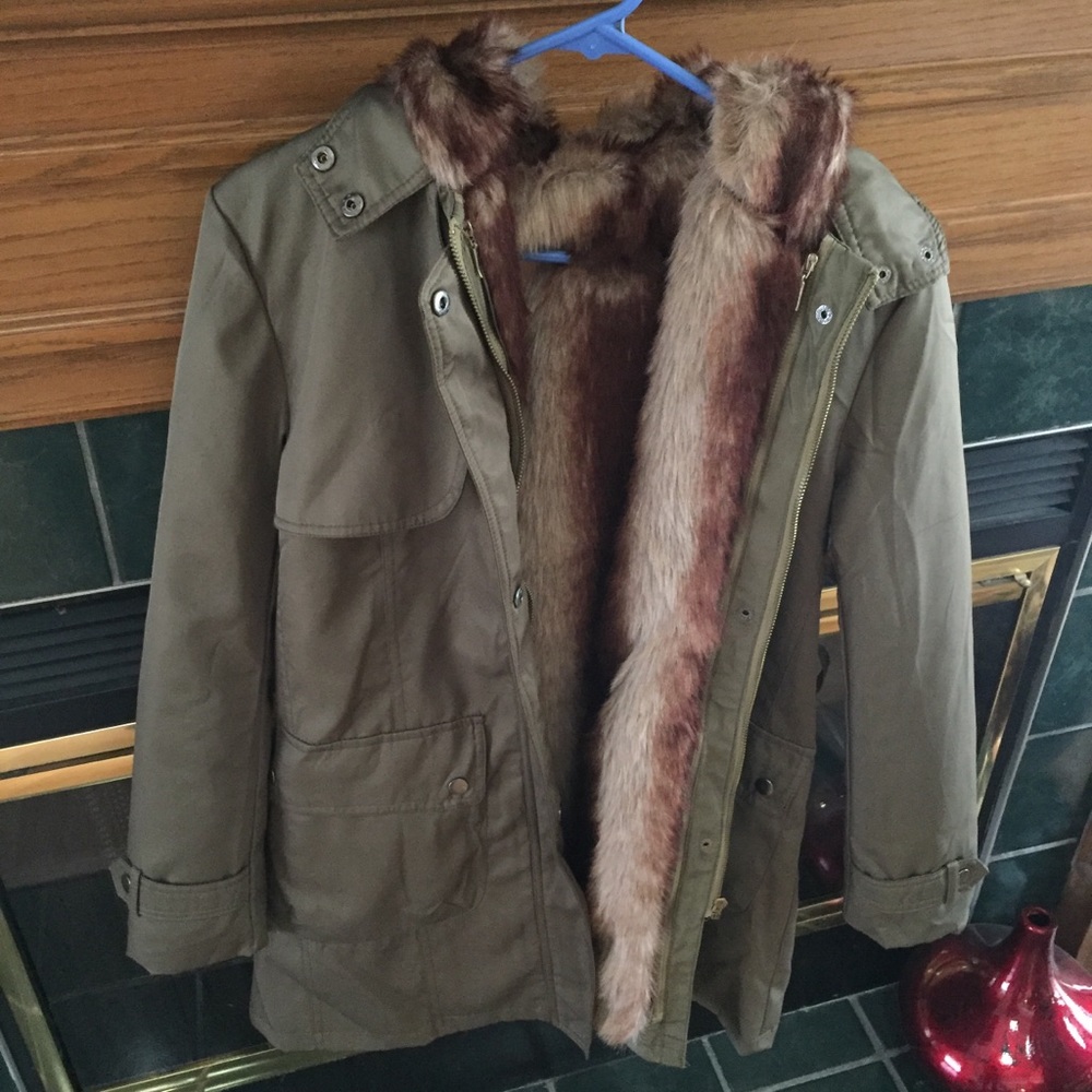 Olive Green Faux Fur-Lined Coat